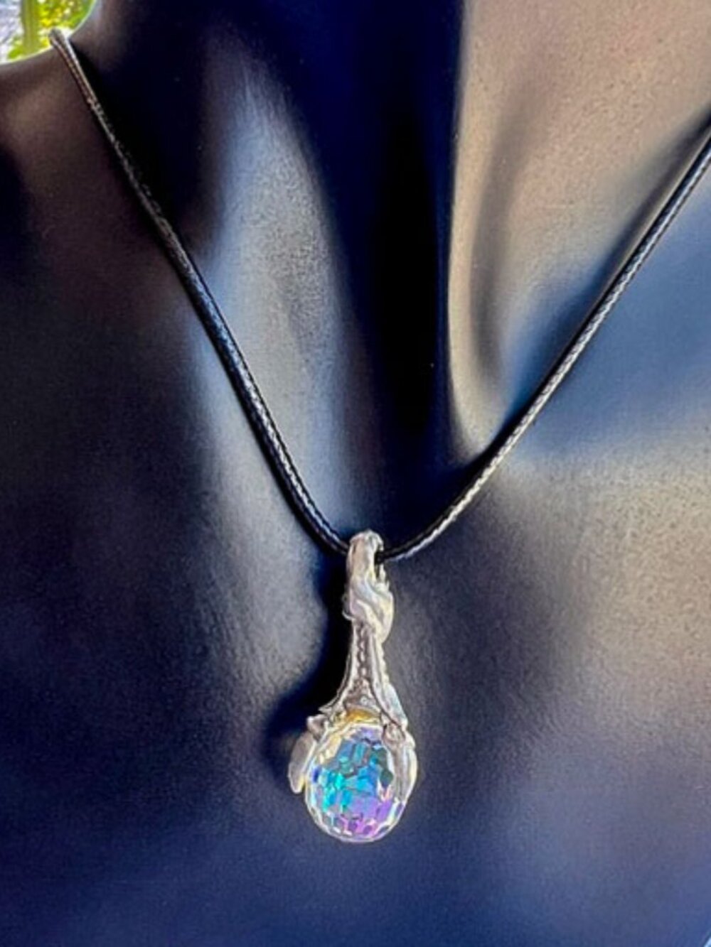 Vintage Pewter Tone Dragon Claw w Iridescent Teardrop Crystal Pendant Necklace